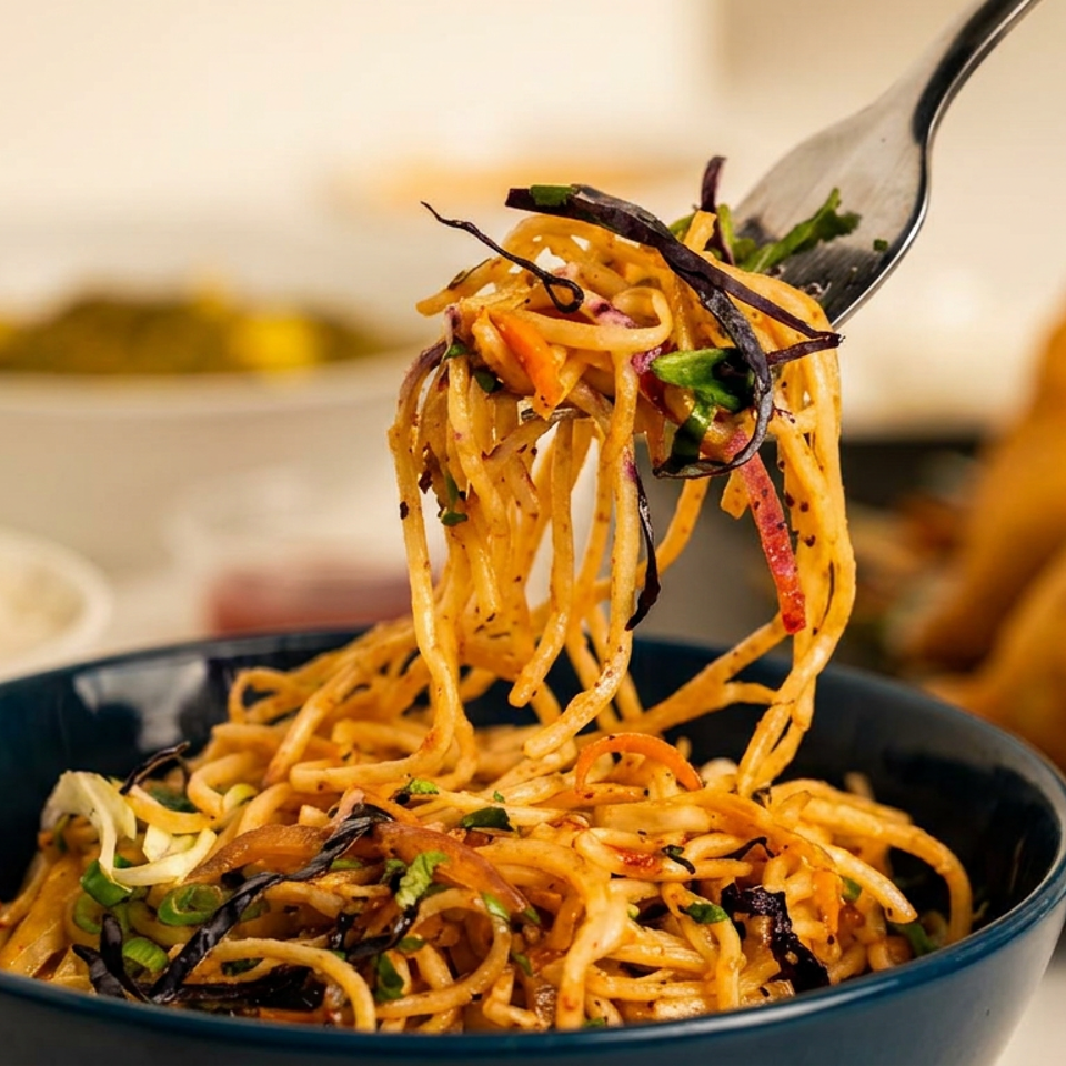 Chopsticks lift saucy noodles with vegetables from a dark bowl, with blurred rice and fried appetizers in the background.