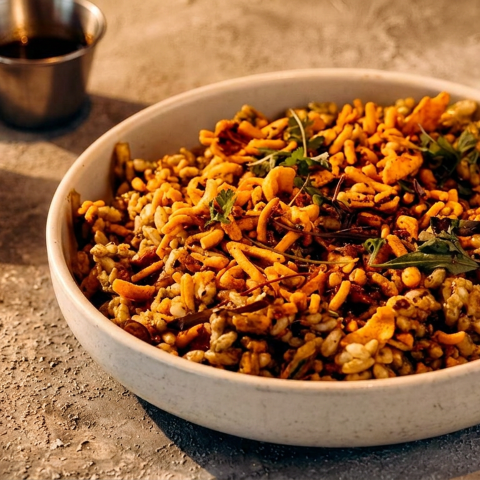 Bowl of crunchy spiced snack mix garnished with herbs, served on a rustic table beside three metal dipping cups.