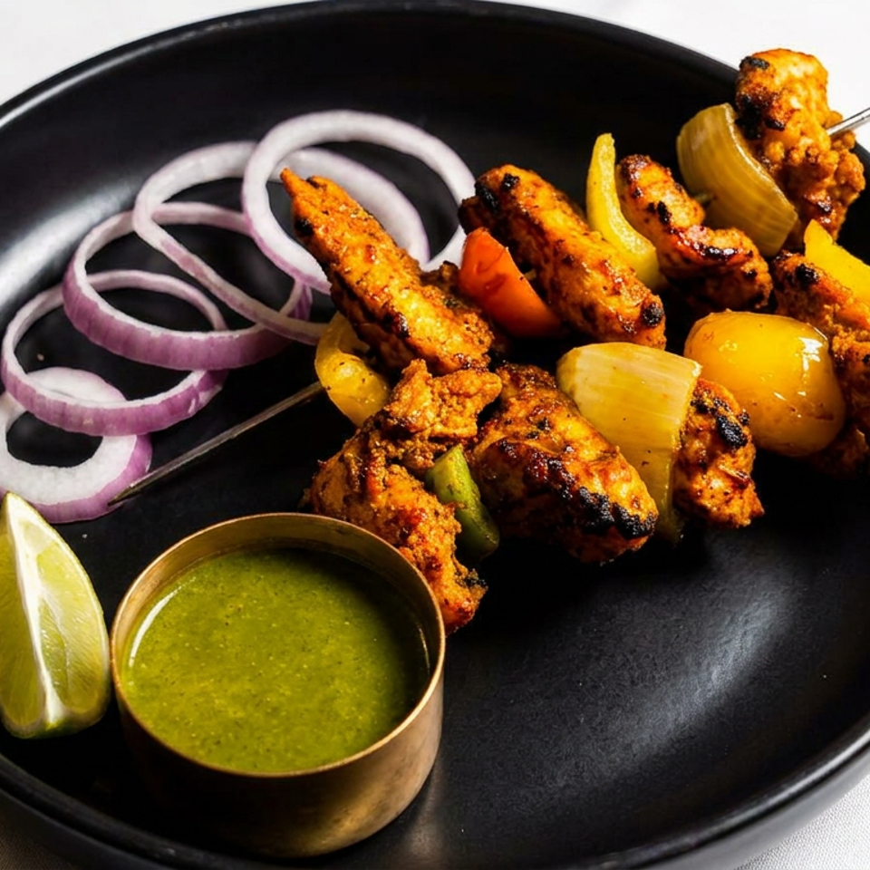 Grilled spiced chicken skewers with colorful vegetables, red onion rings, lime wedge, and green chutney on a black plate.