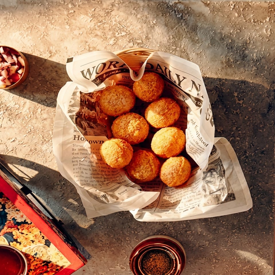 Overhead view of golden fried bites in a newspaper-lined basket, surrounded by dipping sauces and a floral serving tray.