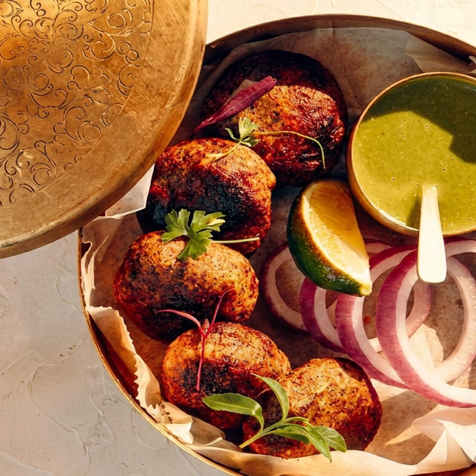 Spiced grilled kebabs with cilantro, lime, sliced onions, and green chutney arranged in a traditional wooden serving box.