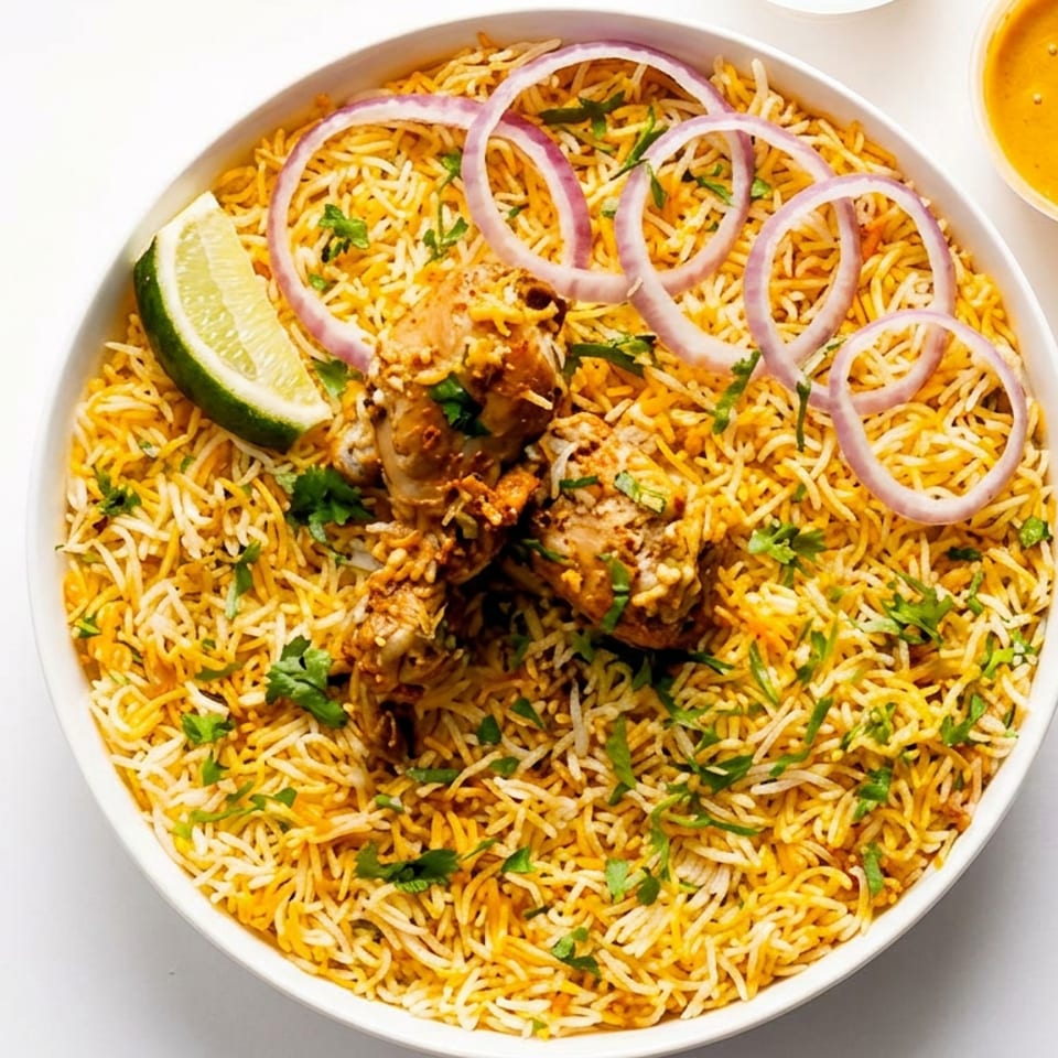 Plate of spiced chicken biryani garnished with cilantro, red onion rings, and lime, served with a small bowl of yellow sauce.